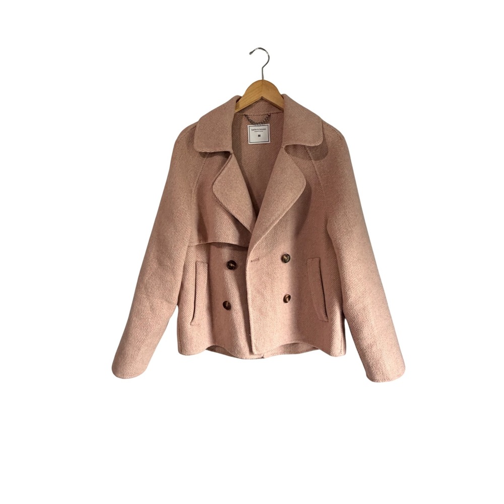 Belle & Bloom Pink Wool Blend Herringbone Double Breasted Pea Coat Jacket M
